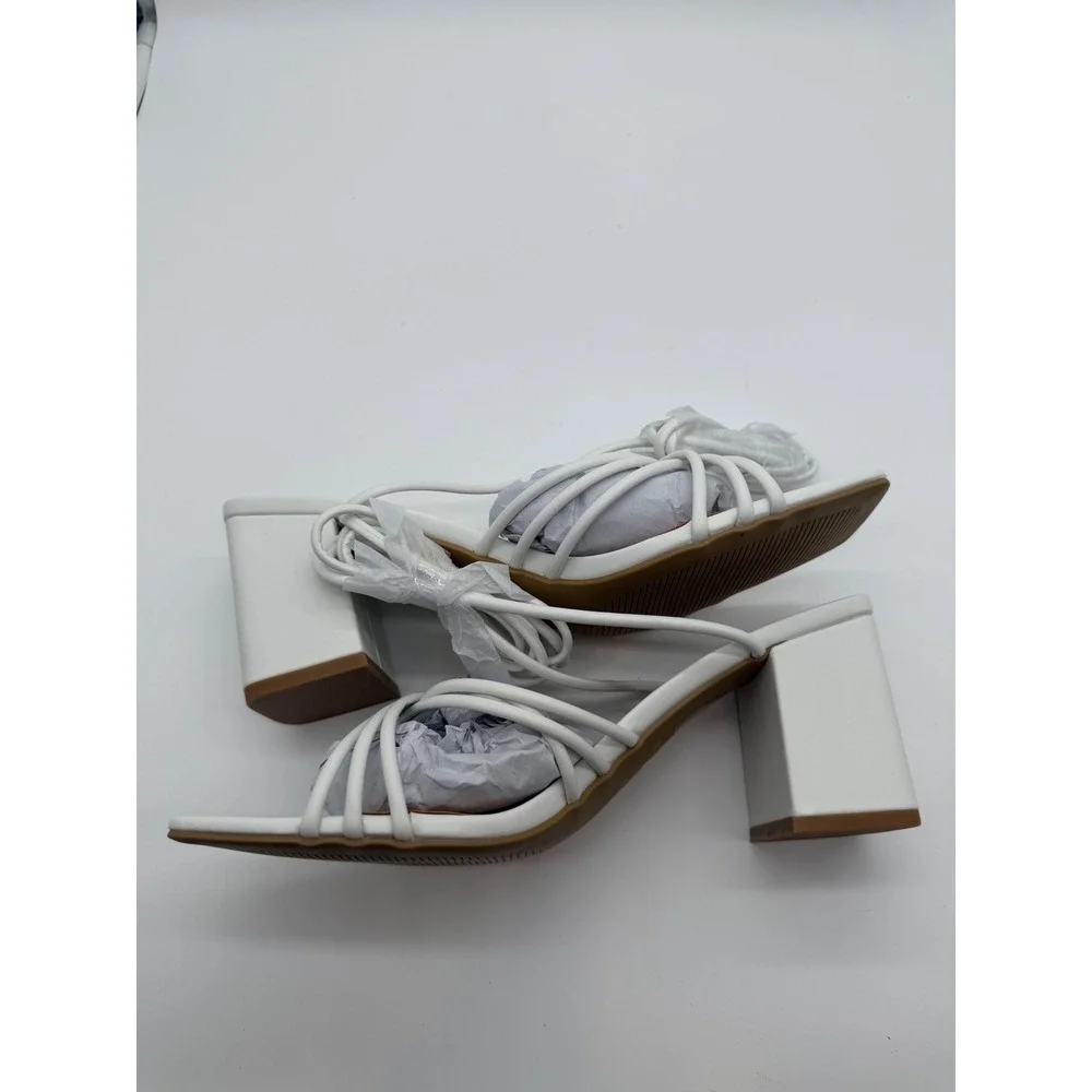 PrettyLittleThing White Strappy Lace Up Block Heel Sandals Square Toe Womens 9